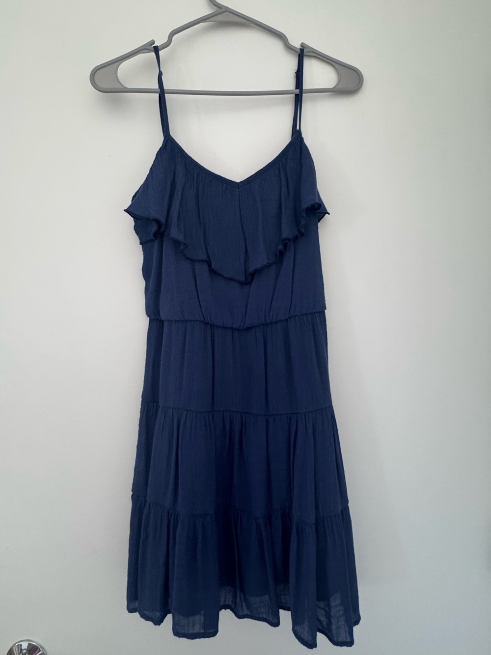 A. Byer Navy Ruffle Tiered Spaghetti Strap Midi Dress